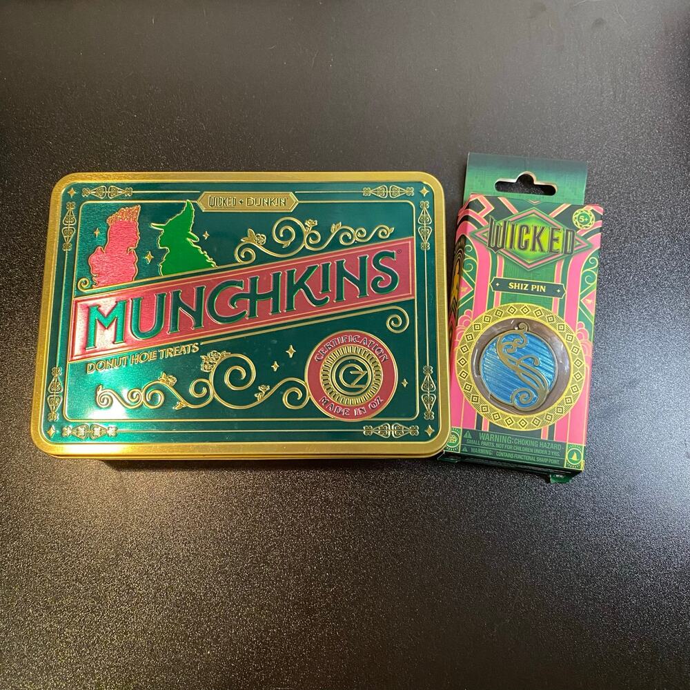 Limited Edition Wicked Dunkin Munchkins Tin Box & NIB Shiz University Pin Set